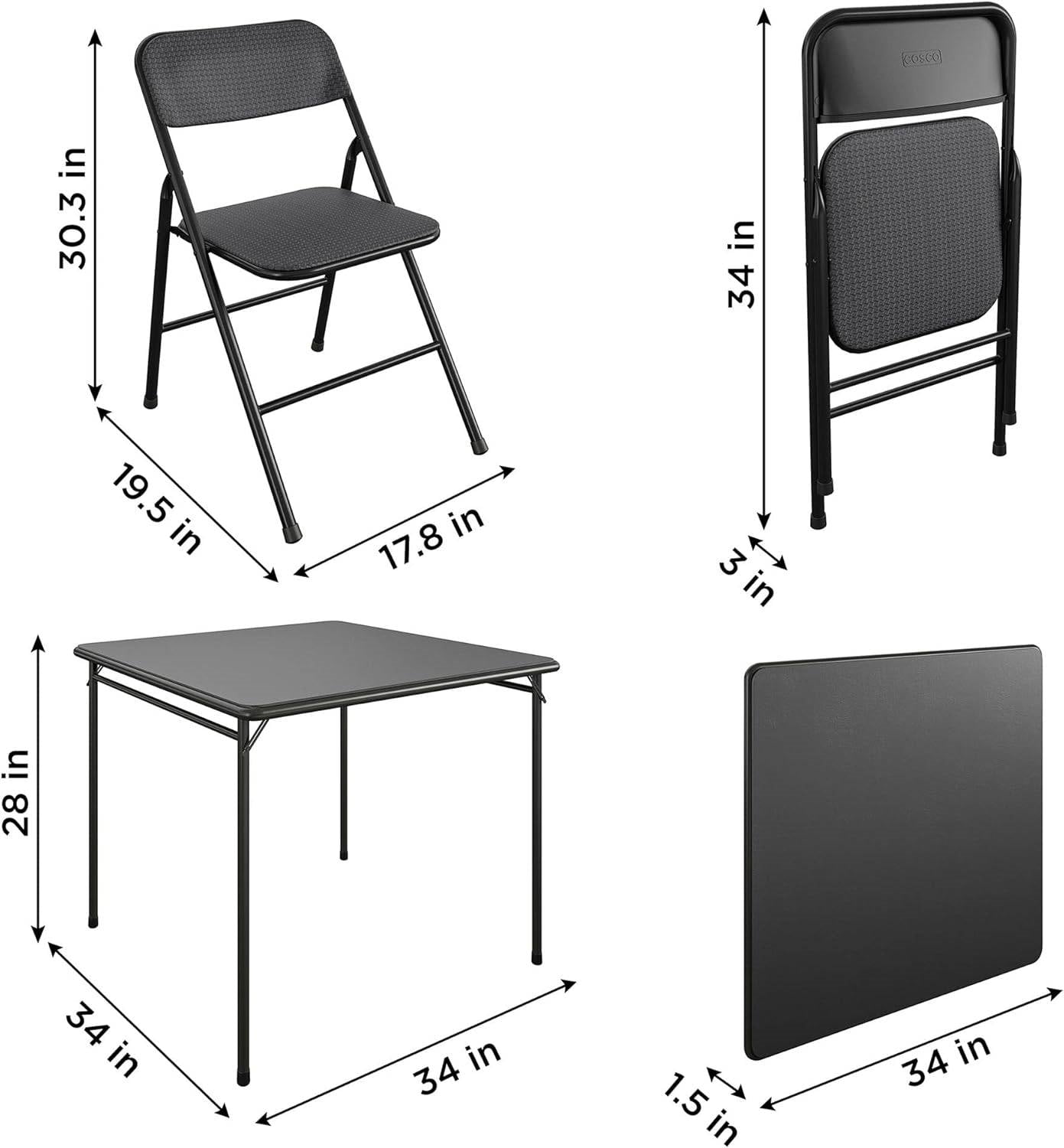 Black 5-Piece Square Folding Dining Table with 4 Chairs Guest Set Card Table