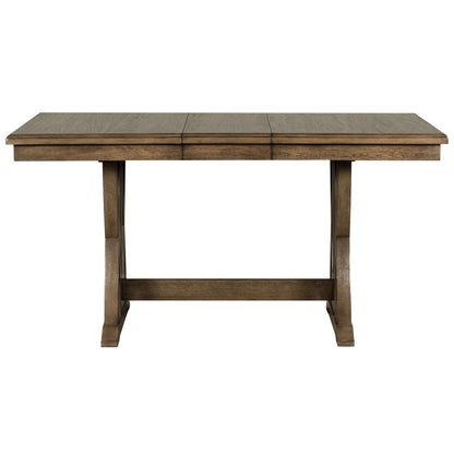 TOPMAX Mid Century Solid Wood 7-Piece Expandable Dining Table Set with Soft Cushioned Chair, Gold Brown+Gray Cushions