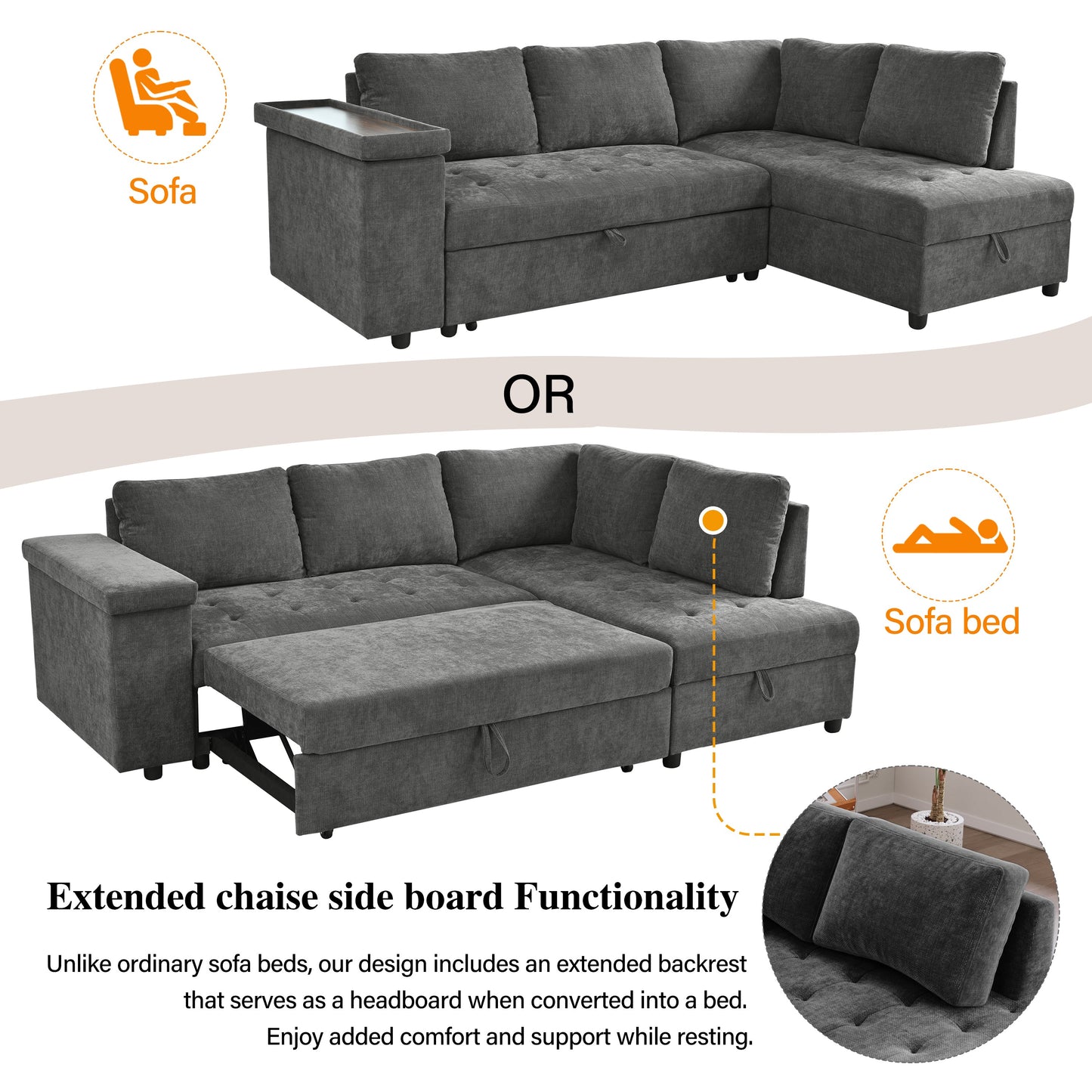 Sectional Sofa L-Shape Pull-Out Sleeper Polyester Gray 3 Seat 91 In