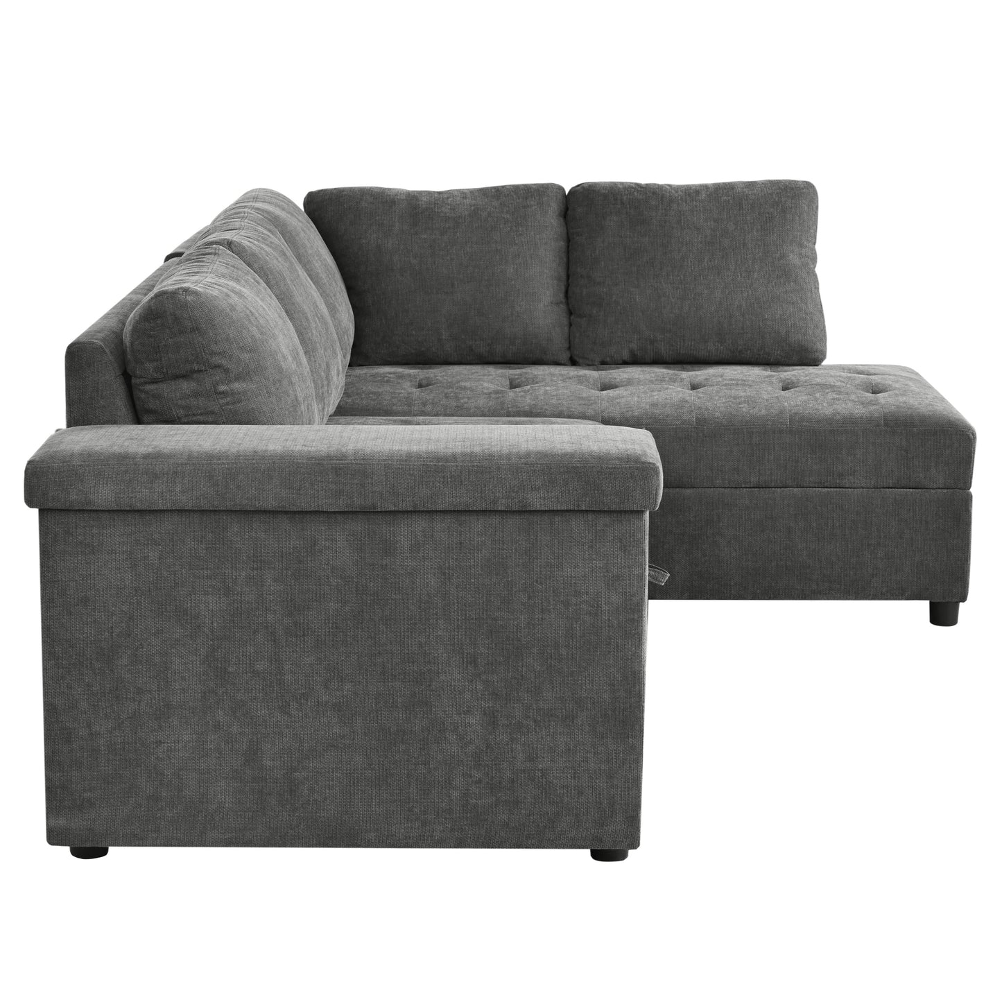 Sectional Sofa L-Shape Pull-Out Sleeper Polyester Gray 3 Seat 91 In