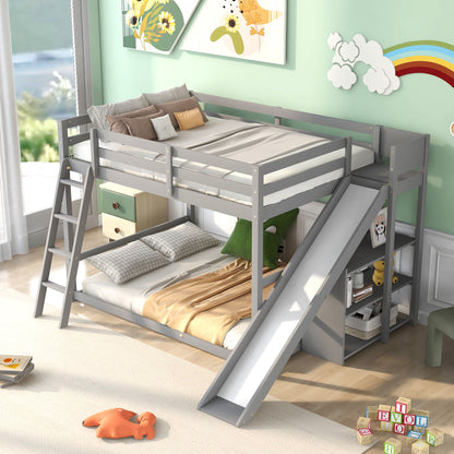 Bunk Bed With Ladder, Slide, And Shelves Pine Wood