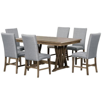TOPMAX Mid Century Solid Wood 7-Piece Expandable Dining Table Set with Soft Cushioned Chair, Gold Brown+Gray Cushions