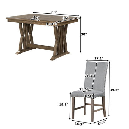TOPMAX Mid Century Solid Wood 7-Piece Expandable Dining Table Set with Soft Cushioned Chair, Gold Brown+Gray Cushions