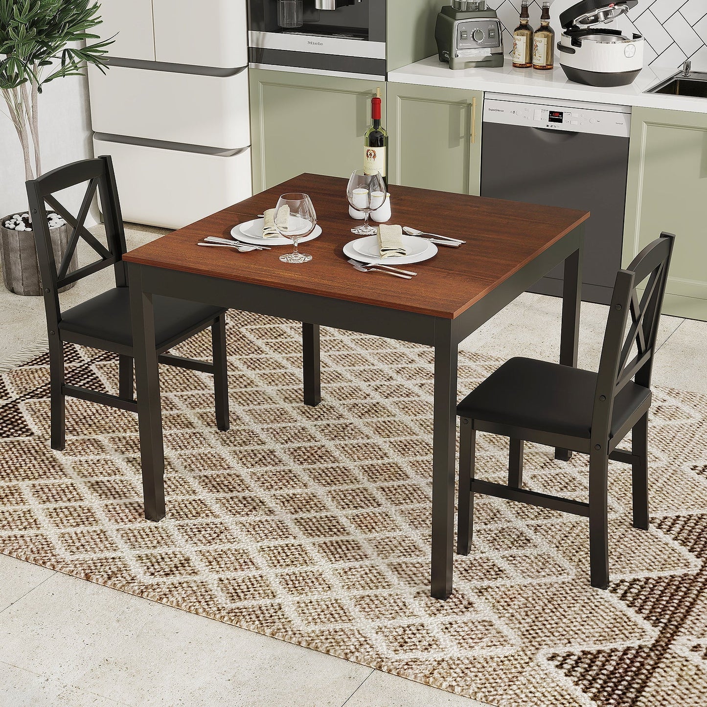 3-Piece Dining Table Set Wooden Square Kitchen Table for 2 People