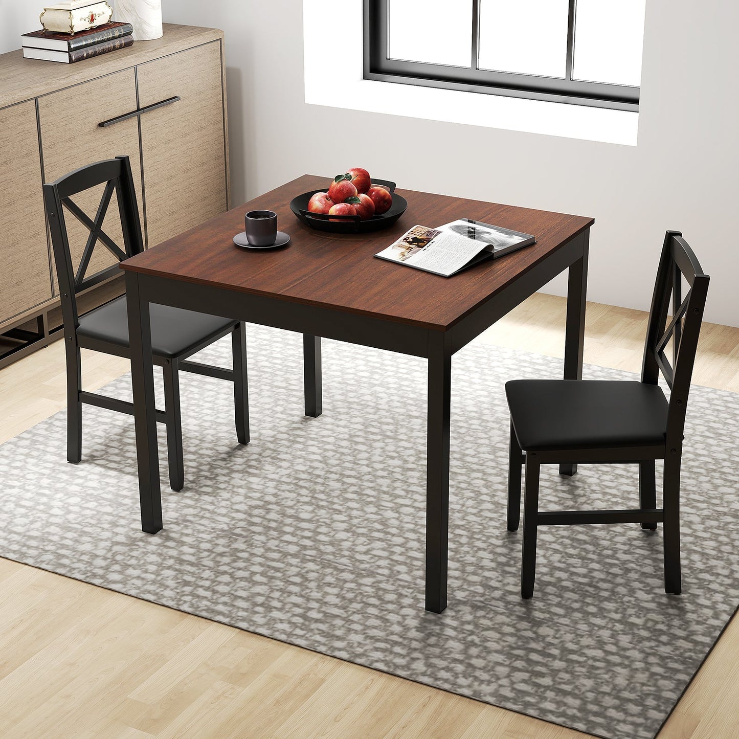 3-Piece Dining Table Set Wooden Square Kitchen Table for 2 People