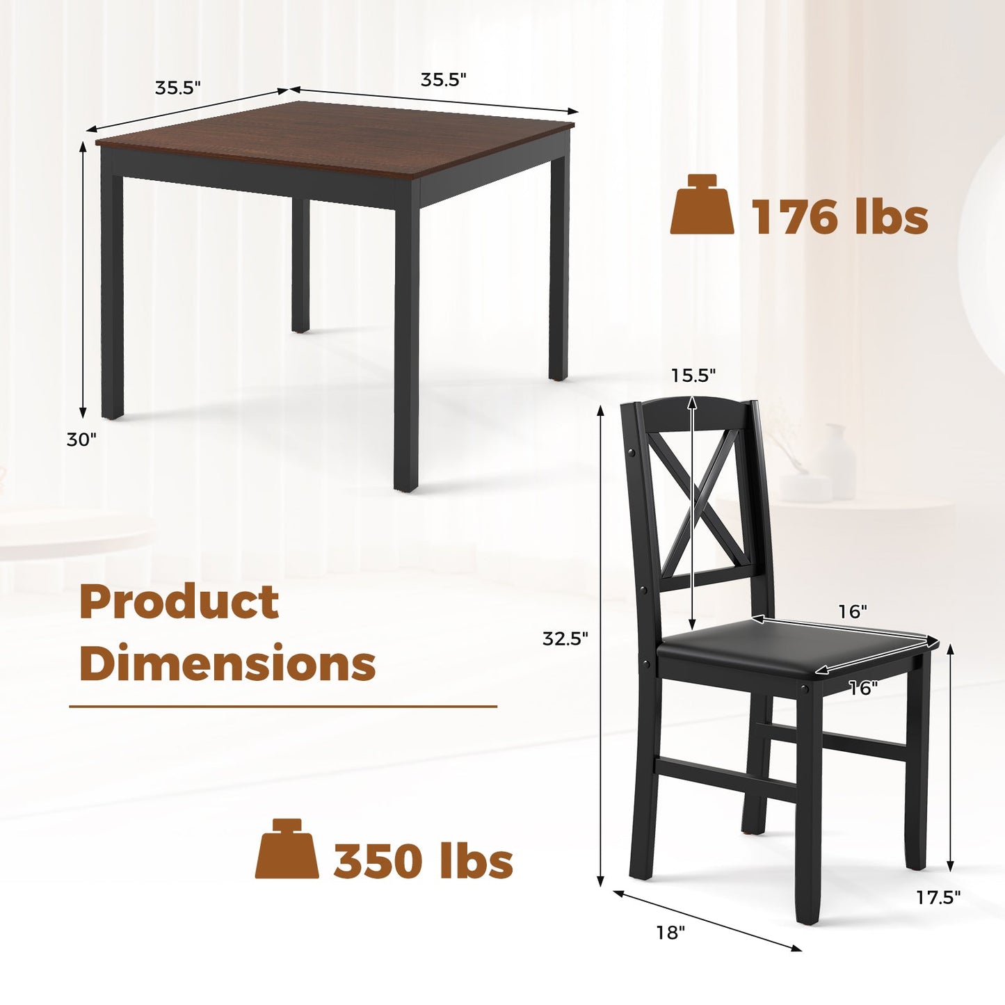 3-Piece Dining Table Set Wooden Square Kitchen Table for 2 People