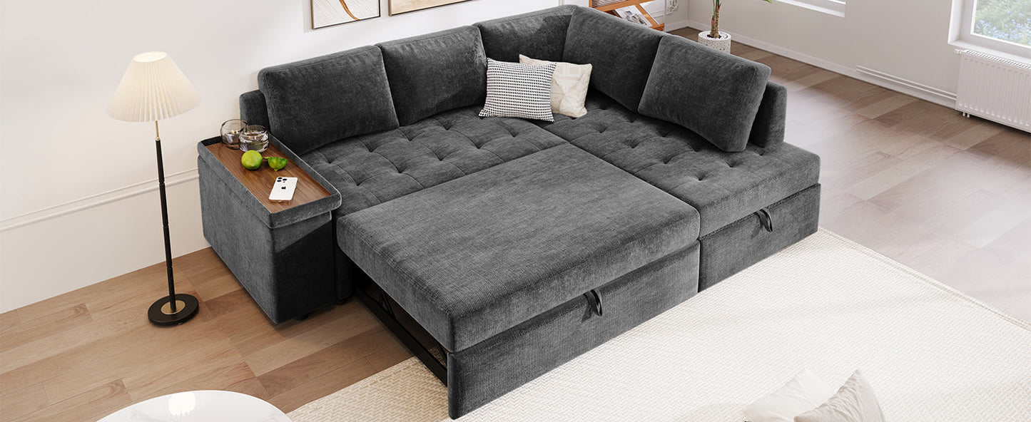 Sectional Sofa L-Shape Pull-Out Sleeper Polyester Gray 3 Seat 91 In