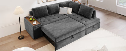 Sectional Sofa L-Shape Pull-Out Sleeper Polyester Gray 3 Seat 91 In