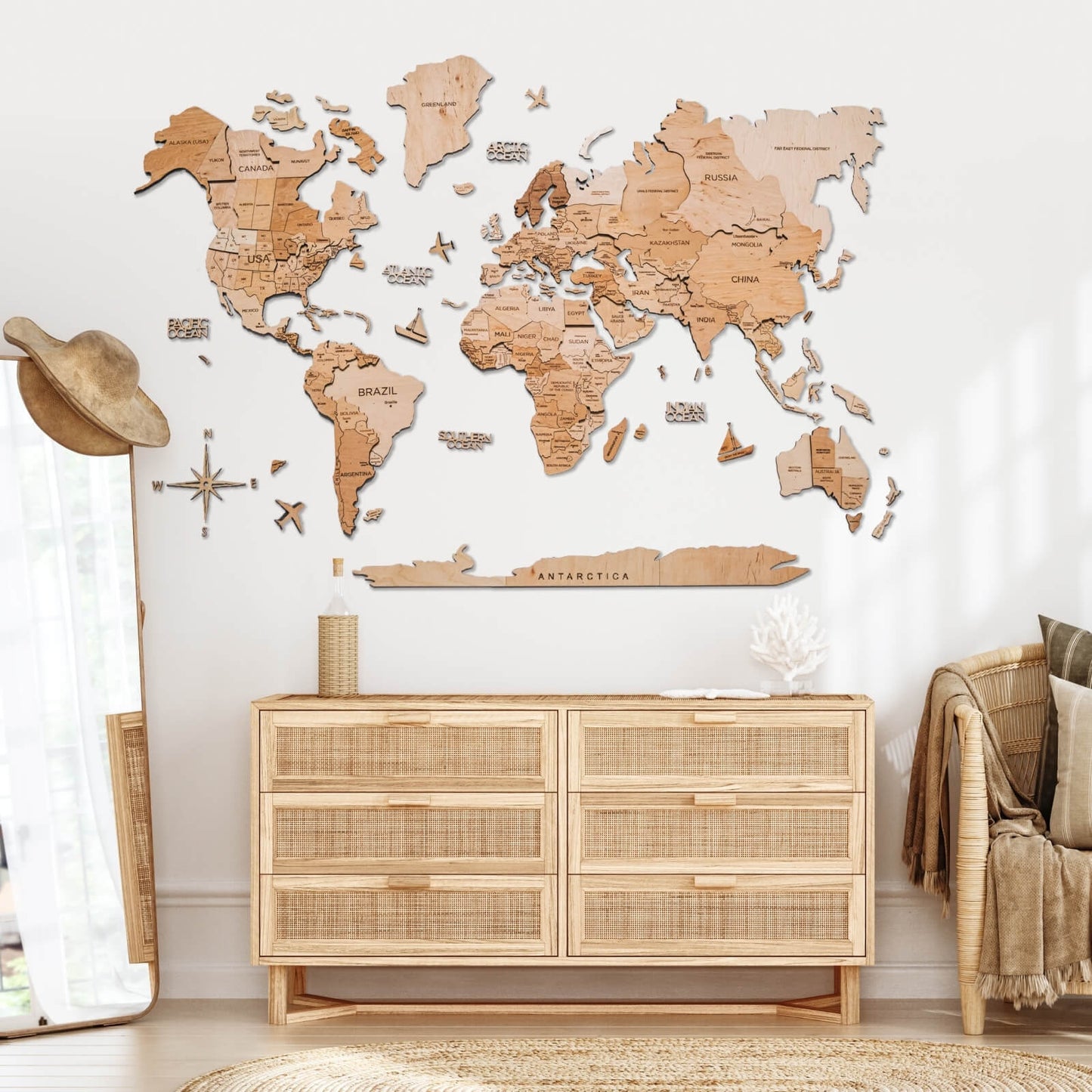 3D Wooden World Map Light