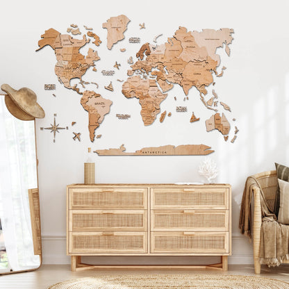3D Wooden World Map Light