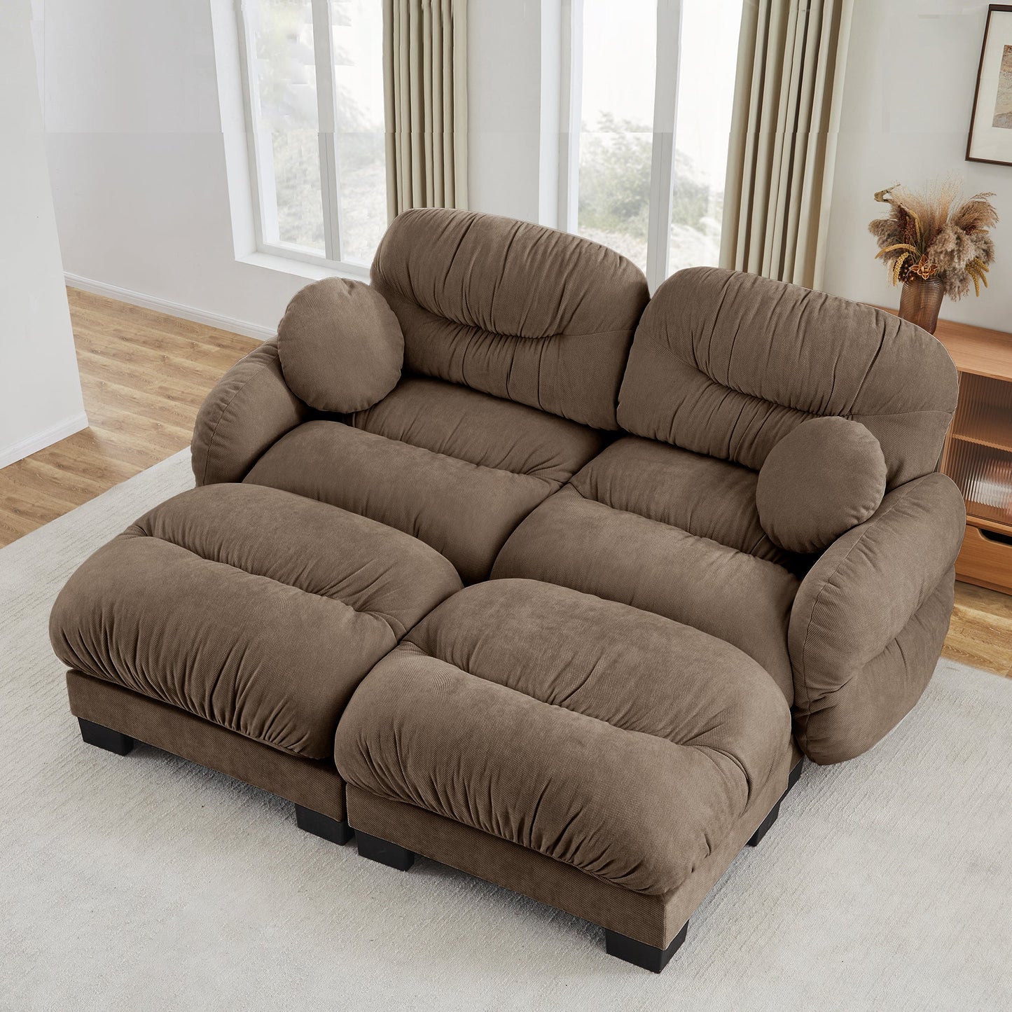 Sectional Sofa L-Shape Chenille Brown Pleated Backrest Modular 2 Ottomans