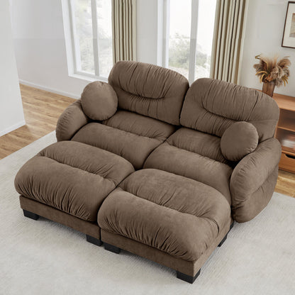 Sectional Sofa L-Shape Chenille Brown Pleated Backrest Modular 2 Ottomans