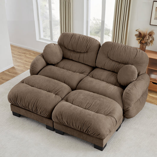 Sectional Sofa L-Shape Chenille Brown Pleated Backrest Modular 2 Ottomans