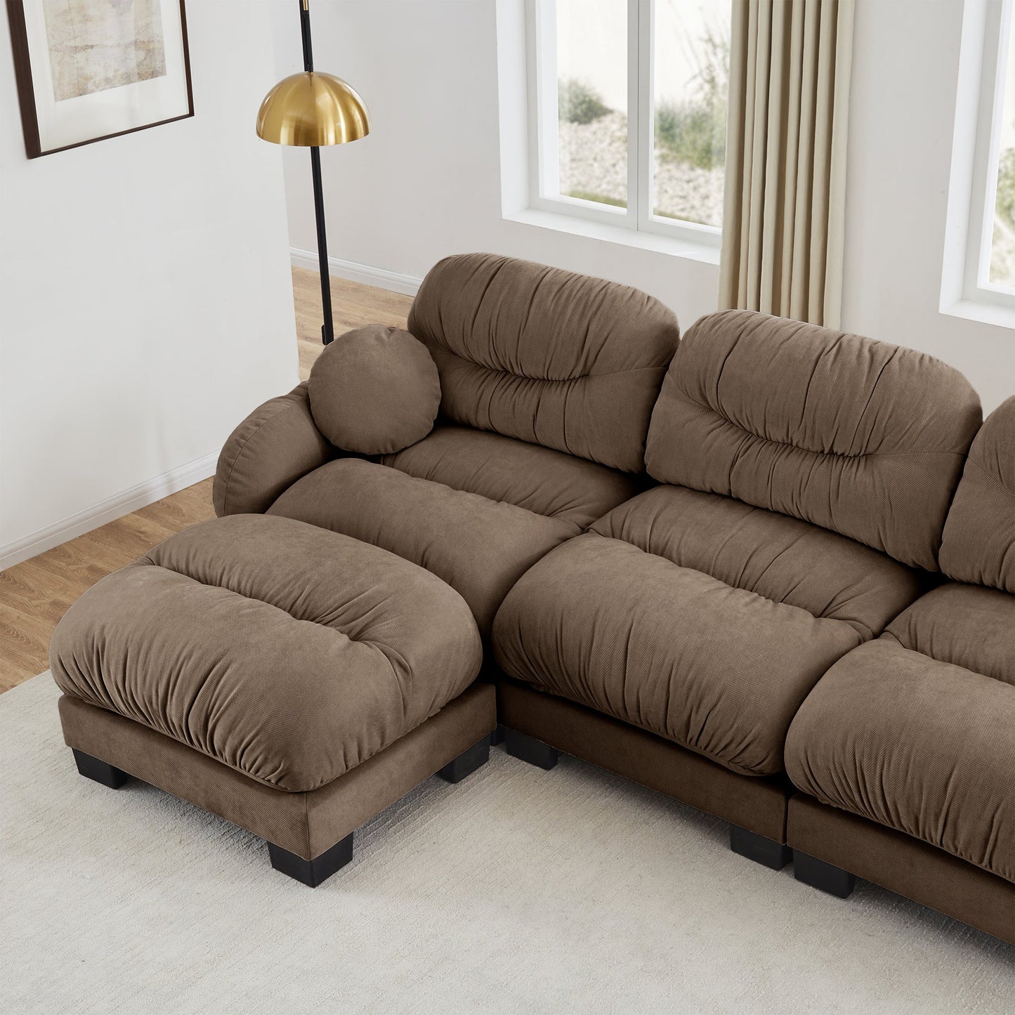 Sectional Sofa L-Shape Chenille Brown Pleated Backrest Modular 2 Ottomans