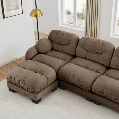 Sectional Sofa L-Shape Chenille Brown Pleated Backrest Modular 2 Ottomans