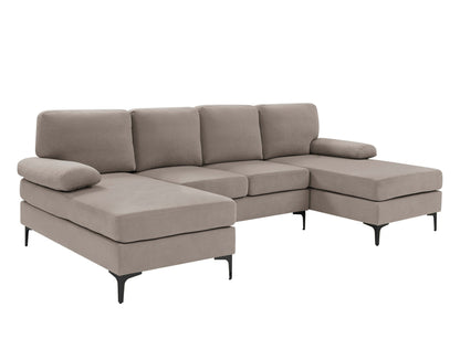 Sectional Sofa U-Shape Polyester Blend Khaki 4-Seat Double Chaise 106x56 In