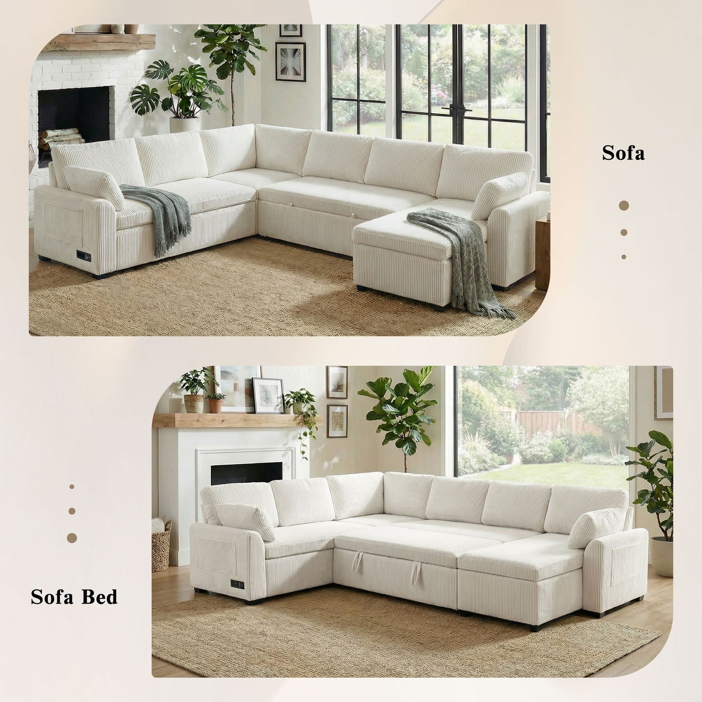Convertible U-Shaped Sectional Sofa Bed With Reversible Chaise
