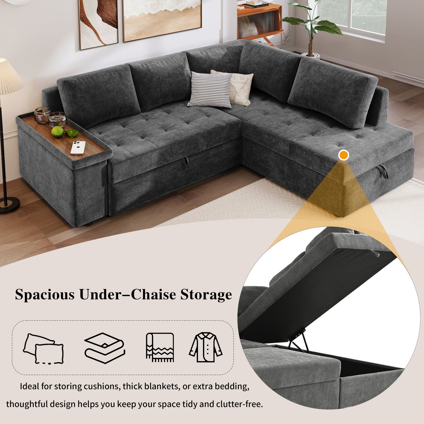 Sectional Sofa L-Shape Pull-Out Sleeper Polyester Gray 3 Seat 91 In