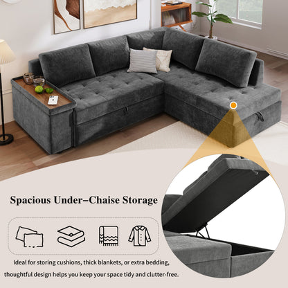 Sectional Sofa L-Shape Pull-Out Sleeper Polyester Gray 3 Seat 91 In