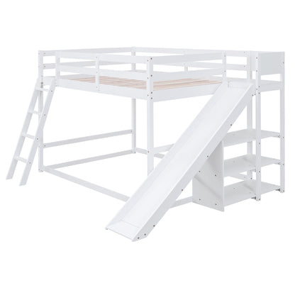 Bunk Bed With Ladder, Slide, And Shelves Pine Wood