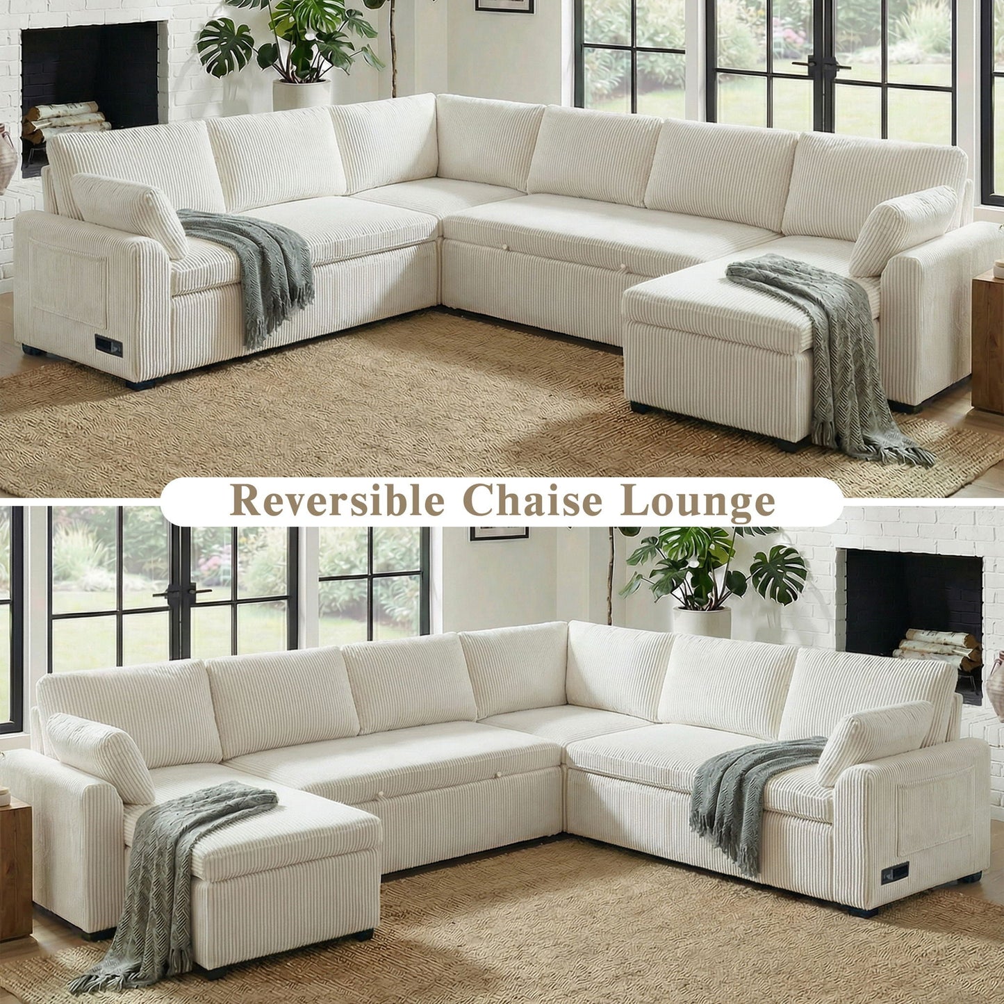 Convertible U-Shaped Sectional Sofa Bed With Reversible Chaise