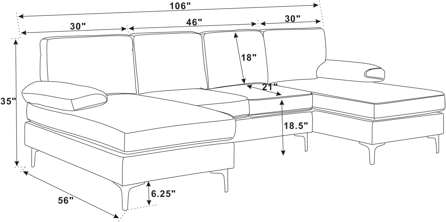 Sectional Sofa U-Shape Polyester Blend Khaki 4-Seat Double Chaise 106x56 In