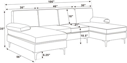 Sectional Sofa U-Shape Polyester Blend Khaki 4-Seat Double Chaise 106x56 In