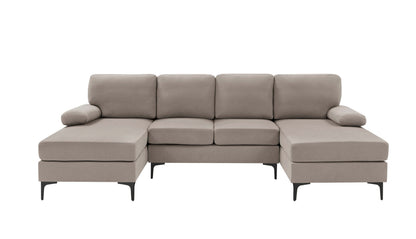Sectional Sofa U-Shape Polyester Blend Khaki 4-Seat Double Chaise 106x56 In