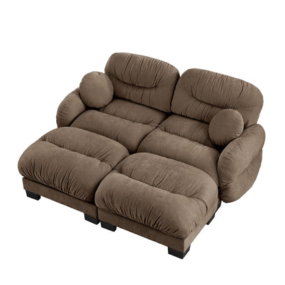 Sectional Sofa L-Shape Chenille Brown Pleated Backrest Modular 2 Ottomans