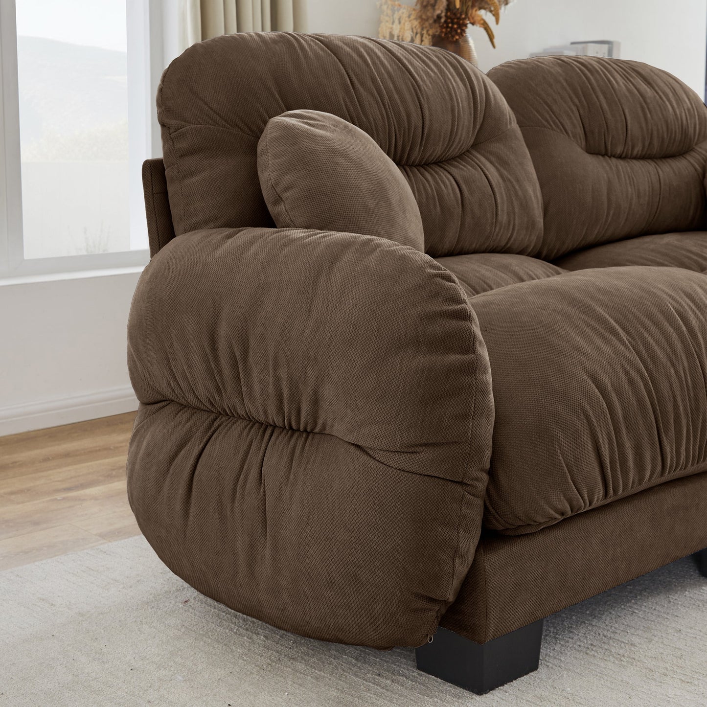 Sectional Sofa L-Shape Chenille Brown Pleated Backrest Modular 2 Ottomans