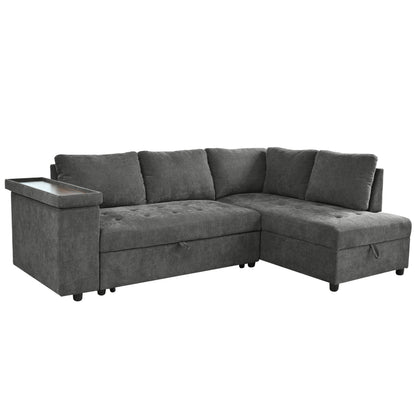 Sectional Sofa L-Shape Pull-Out Sleeper Polyester Gray 3 Seat 91 In