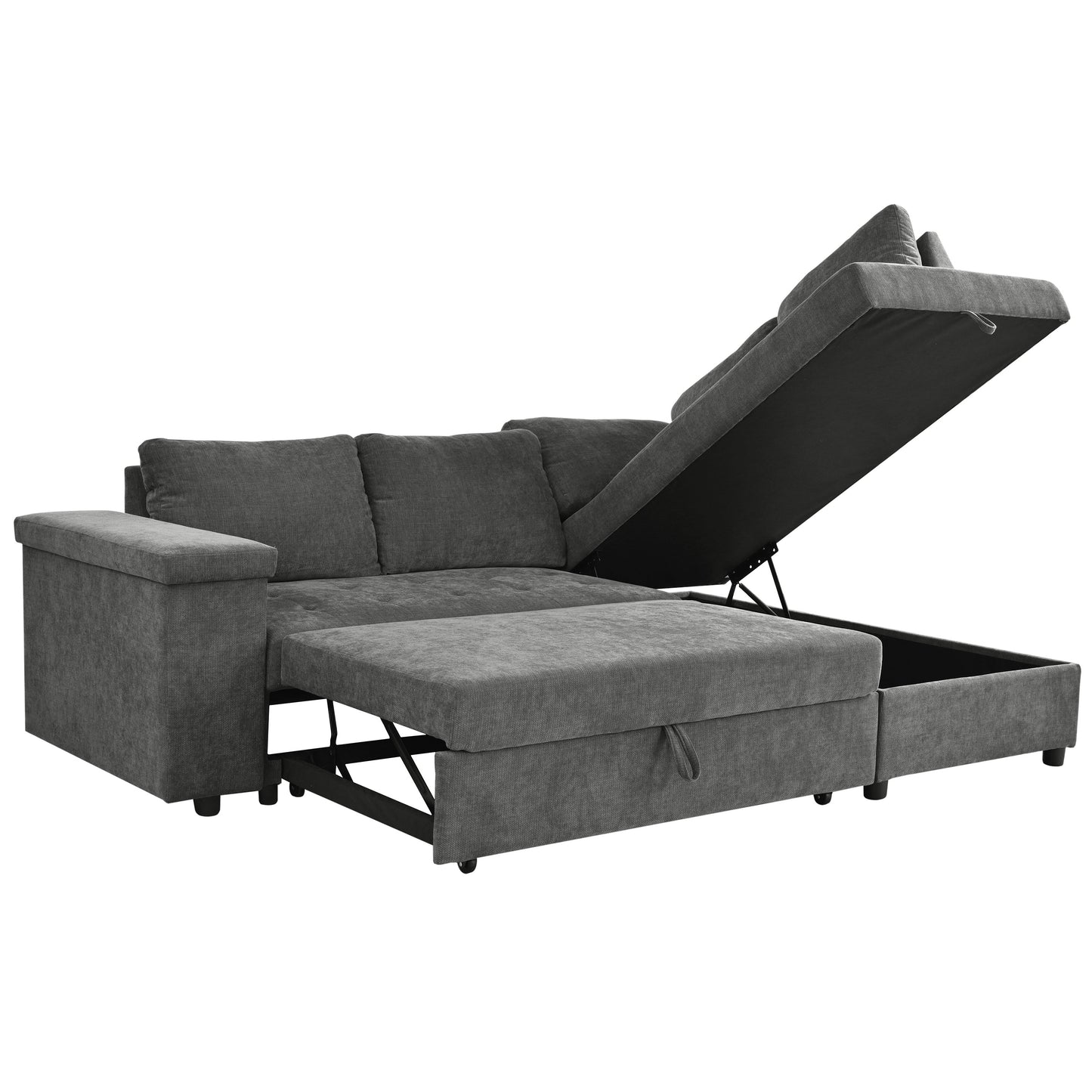 Sectional Sofa L-Shape Pull-Out Sleeper Polyester Gray 3 Seat 91 In