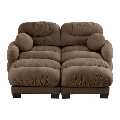 Sectional Sofa L-Shape Chenille Brown Pleated Backrest Modular 2 Ottomans