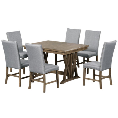 TOPMAX Mid Century Solid Wood 7-Piece Expandable Dining Table Set with Soft Cushioned Chair, Gold Brown+Gray Cushions