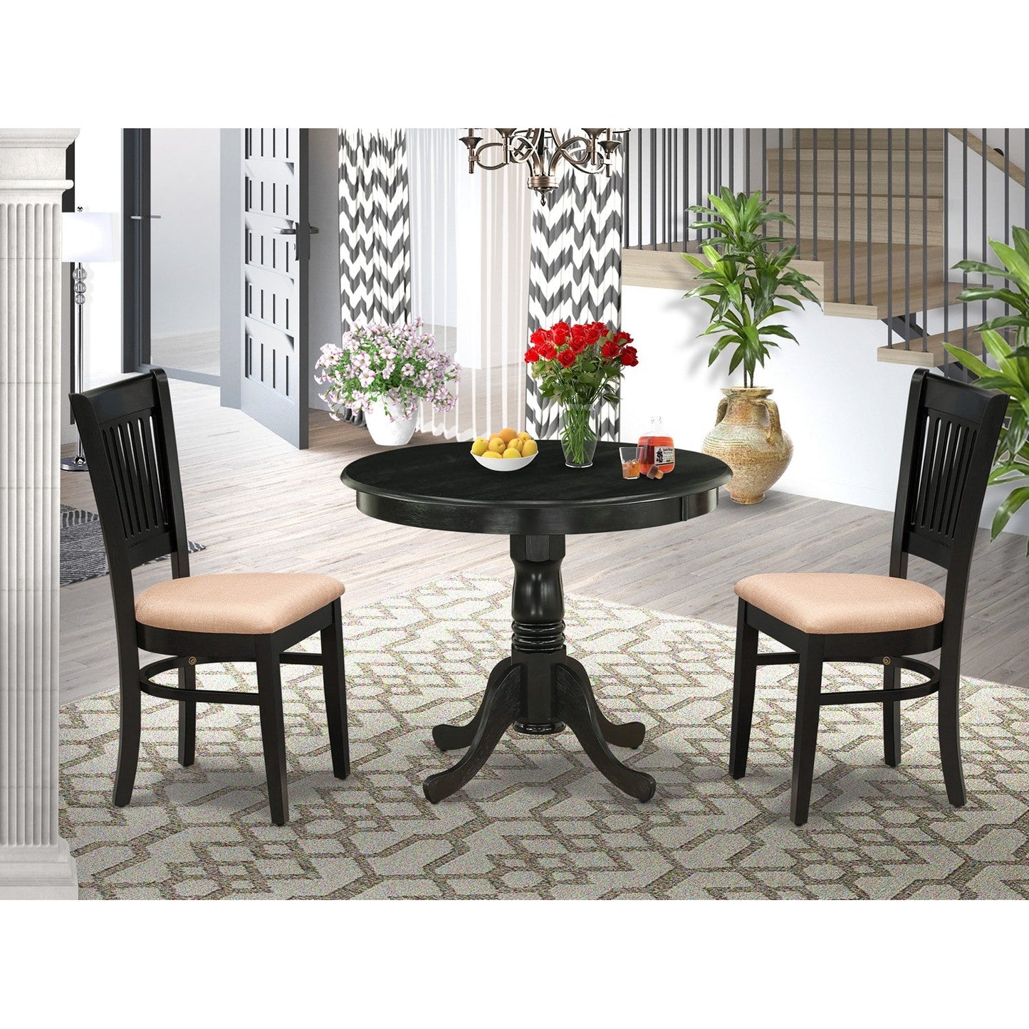 EAST WEST FURNITURE - ANVA3-BLK-C - 3-Pc Kitchen Dining Set- 2 Wood Chair and Kitchen Dining Table - Linen Fabric Seat and Slatted Chair Back (Black Finish)