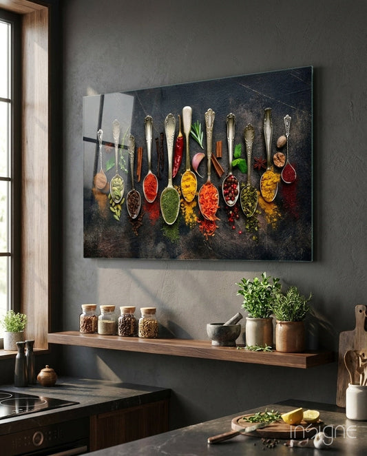 Silver Spoons Row Of Colorful Spices Glass Wall Art