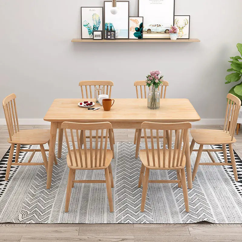 Nordic Solid Wood Dining Table Set 4 6 Chairs Rectangular Natural Wood Finish Small Apartment Home Kitchen Dining Room Furniture