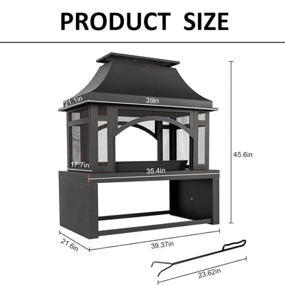 Wood Burning Outdoor Fireplace With Chimney And Spark Screen