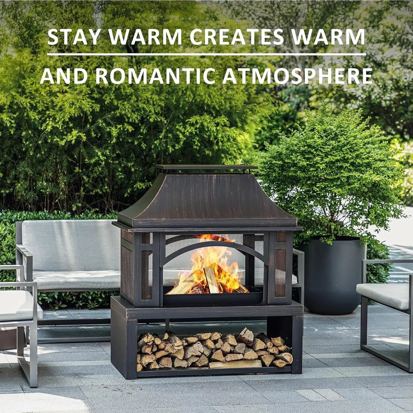 Wood Burning Outdoor Fireplace With Chimney And Spark Screen