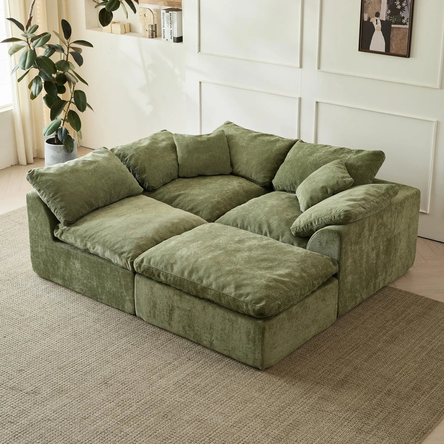 Yeflixvrau Modern Cloud L-Shaped Chenille Sectional Sofa With Ottoman