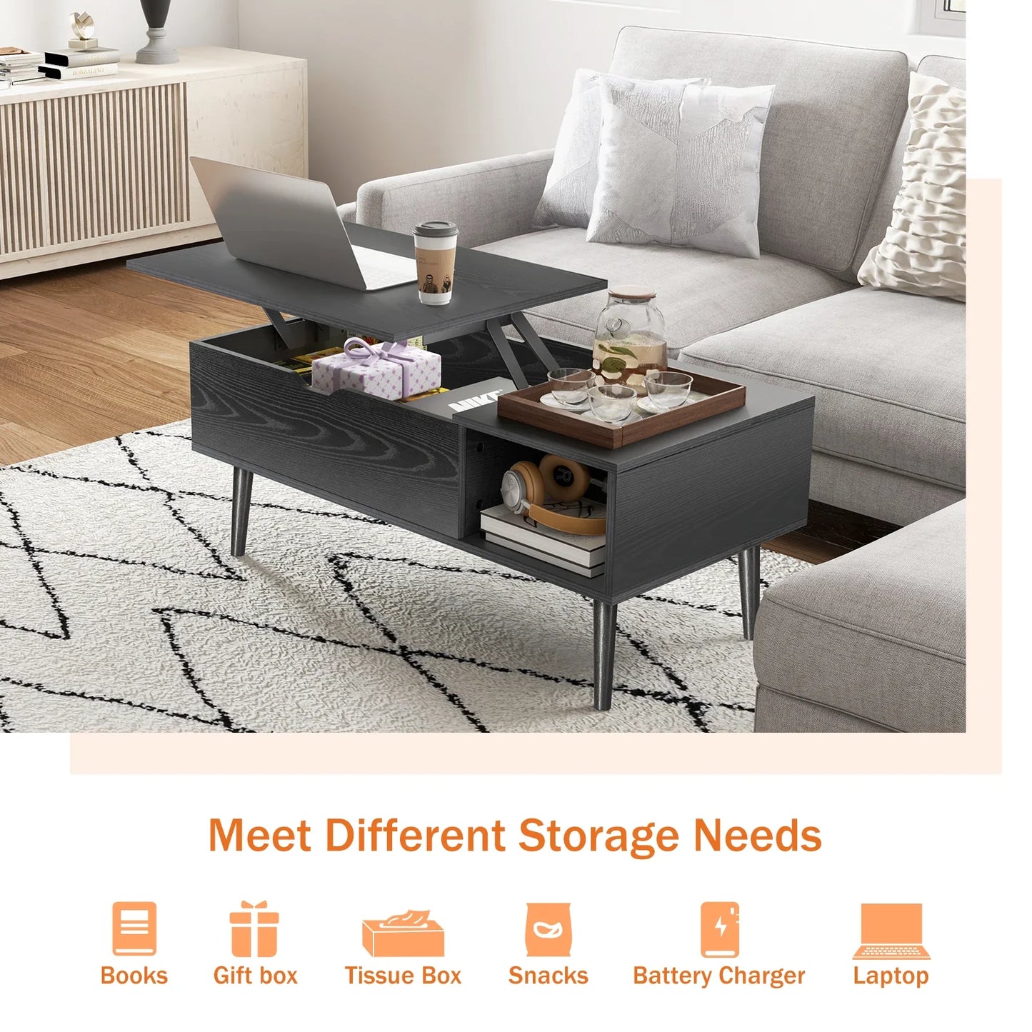 JHK Lift Top Coffee Table With Storage Modern Living Room