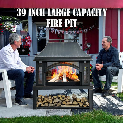 Wood Burning Outdoor Fireplace With Chimney And Spark Screen