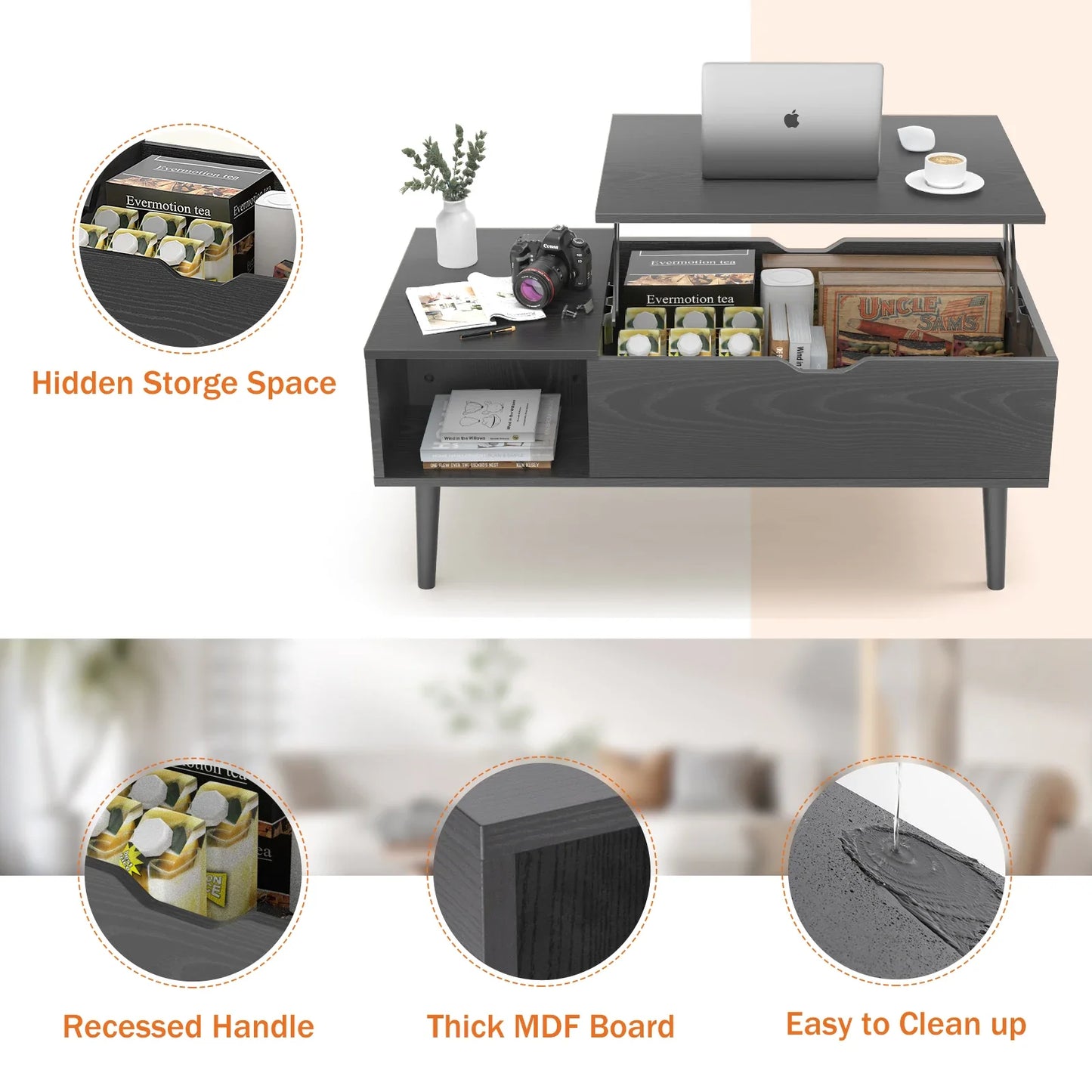 JHK Lift Top Coffee Table With Storage Modern Living Room