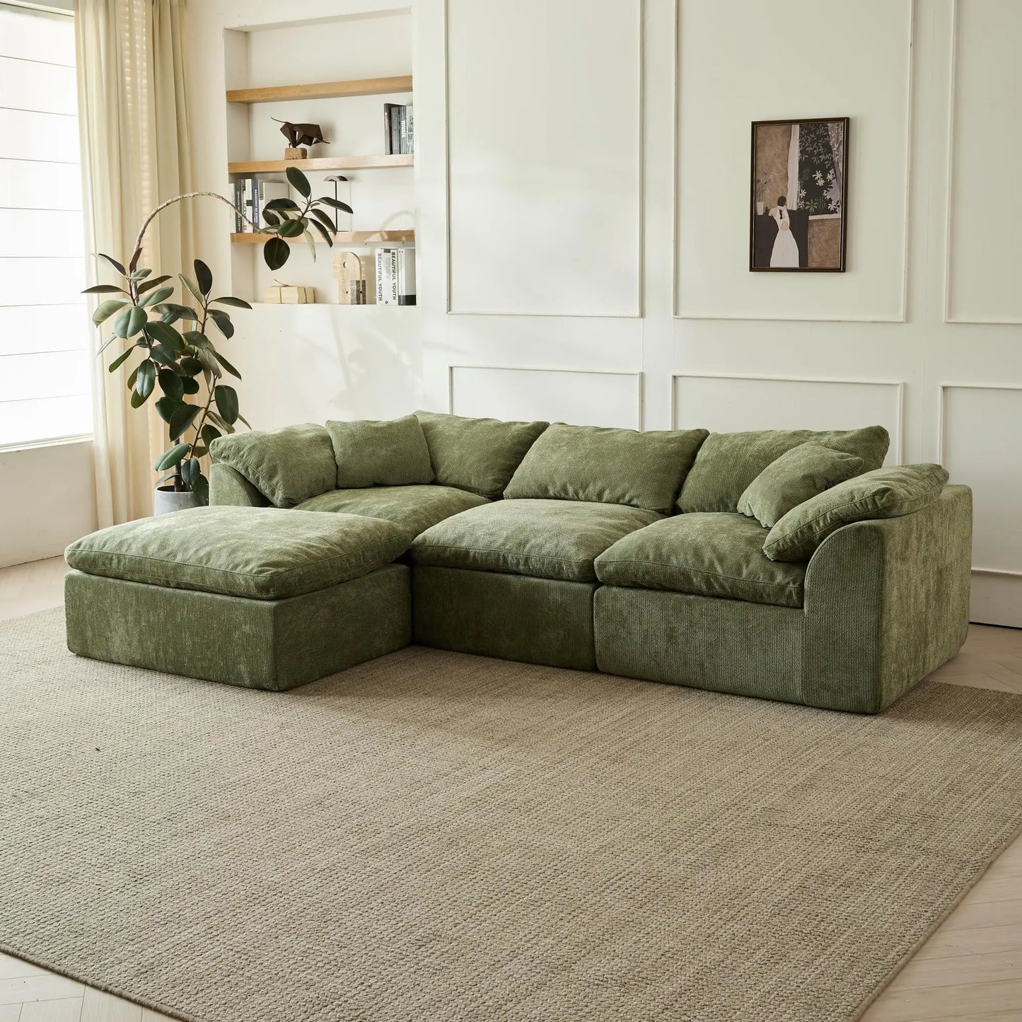 Yeflixvrau Modern Cloud L-Shaped Chenille Sectional Sofa With Ottoman