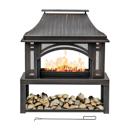 Wood Burning Outdoor Fireplace With Chimney And Spark Screen