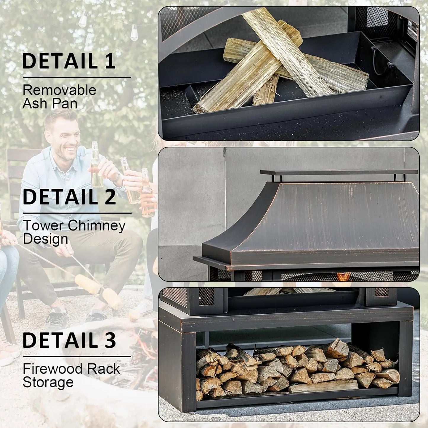 Wood Burning Outdoor Fireplace With Chimney And Spark Screen