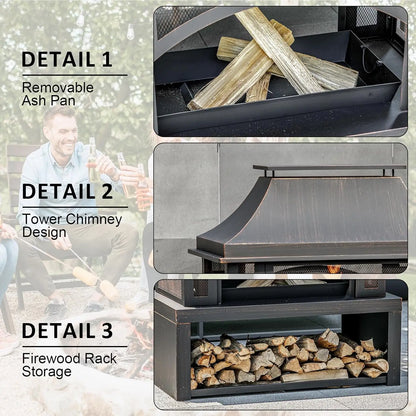 Wood Burning Outdoor Fireplace With Chimney And Spark Screen