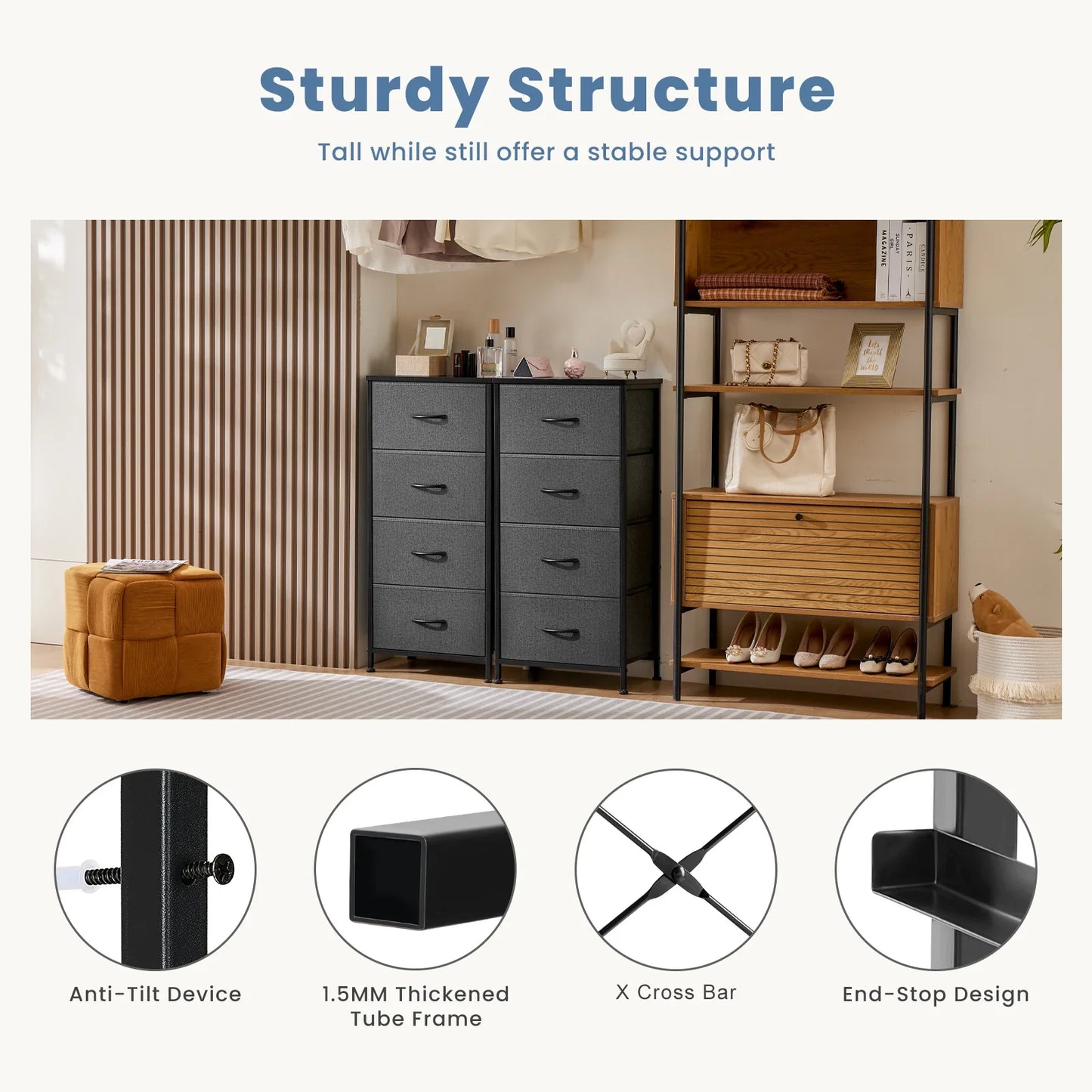 JHK Modern Dresser Nightstand With Fabric Drawers Storage Cabinet