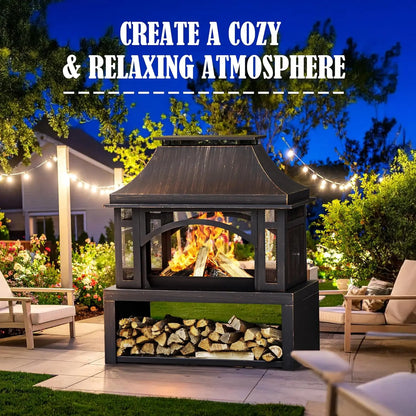 Wood Burning Outdoor Fireplace With Chimney And Spark Screen