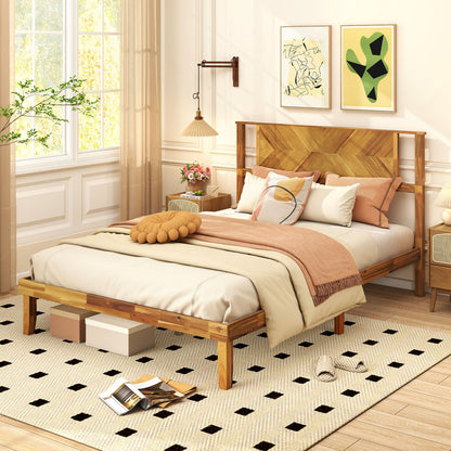 Twin/Full/Queen Size Bed Frame Mid-Century Acacia Wood Platform Bed with Headboard